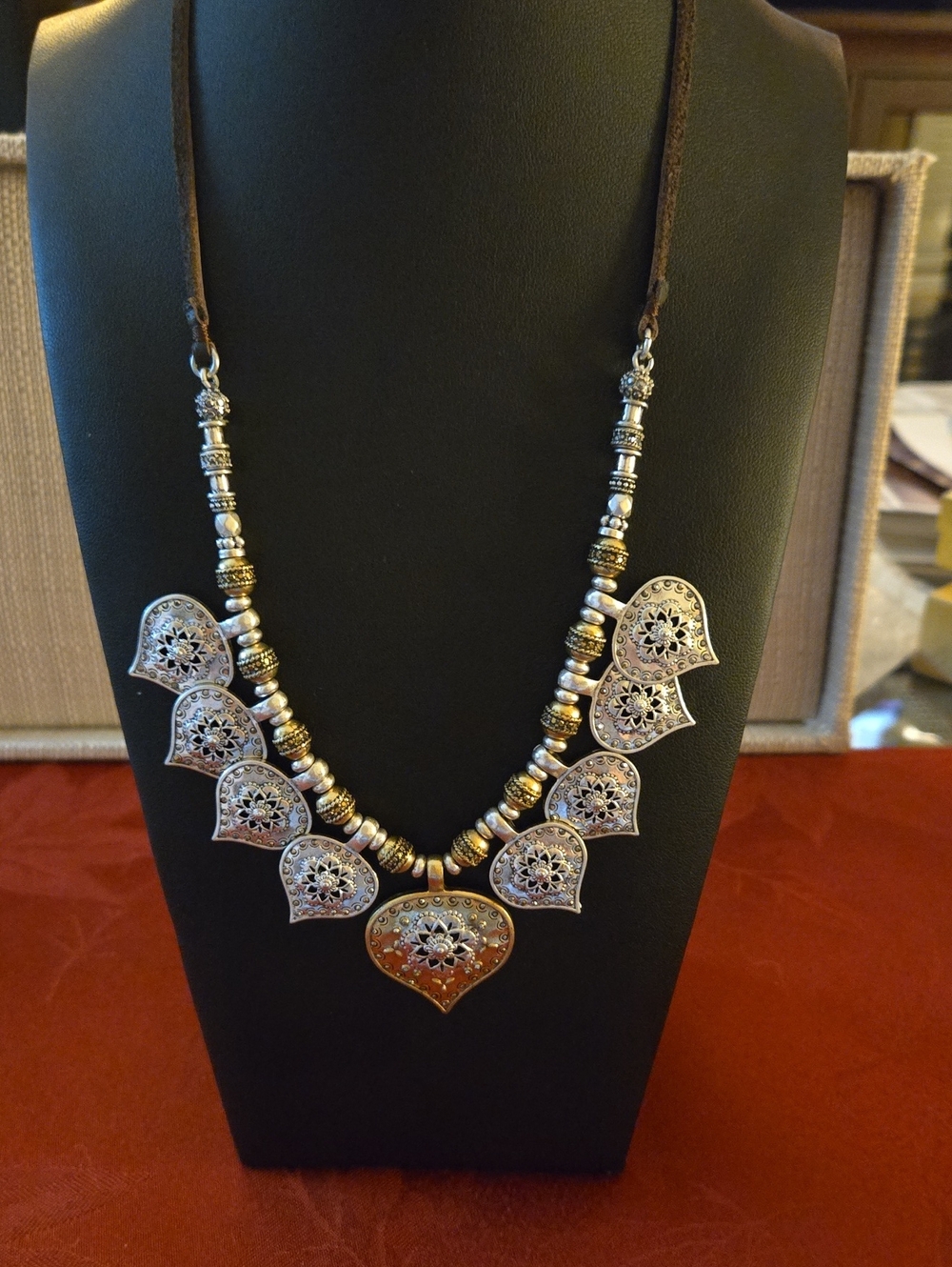 Lucky Brand Two Tone Heart Necklace On Adjustable Leather Cord